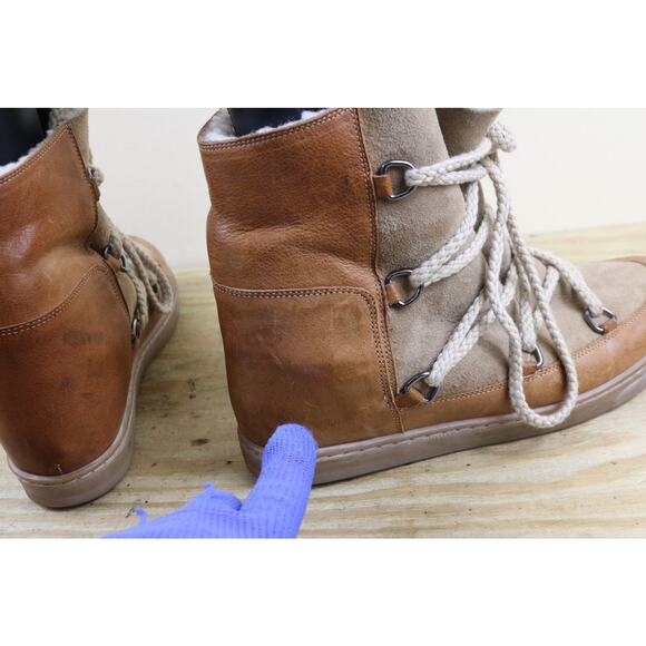 Isabel Marant Boots 40 Brown Leather Shearling Nowles Hidden Wedge Ankle Bootie - Picture 11 of 16